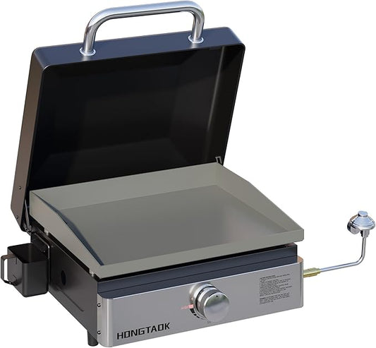 18 Inch Tabletop Propane Gas Grill Griddle with Lid & Stainless Steel Front Plate, Portable Propane Flat Top Grill for Outdoor, Cooking, BBQ, Camping