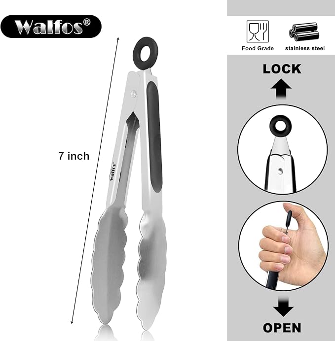 Walfos Kitchen Small Tongs - 7 inch Heavy Duty Mini Food Tongs, Stainless Steel and Non-Slip Heat Resistant Handle - Great for Cooking, Salad, Grilling and Barbecue,3 Piece