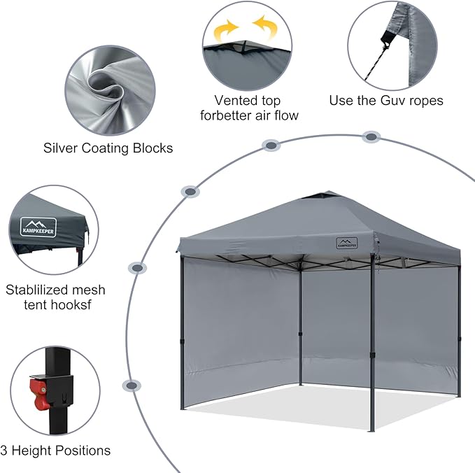 KAMPKEEPER 10x10 Pop Up Canopy Tent with 2 Sidewalls, Beach Tent - Easy Outdoor Sun Shade for Events, Parties, Camping - Gazebo with 4 Weight Bags & Carry Bag.(Grey)