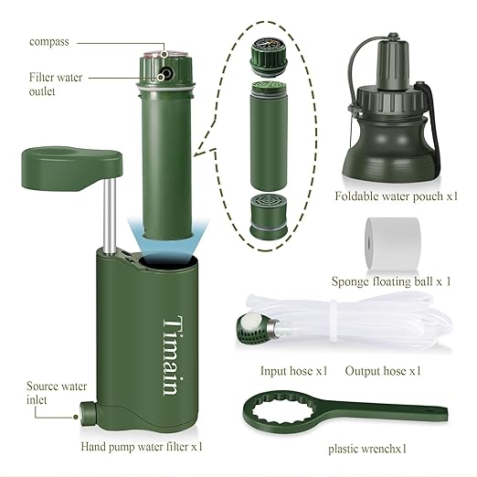 Timain Outdoor Portable Water Filter Pump,Water Filtration Systems,Perfect for Travel,Camping, Hiking,Fishing,Hunting,Emergency Preparedness