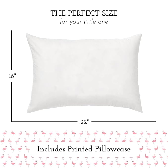 Little Sleepy Head Youth Pillow with Pillowcase 16x22, Soft Jumbo Toddler Pillow, Hypoallergenic Pillowcase - Best Kids Pillows for Sleeping, Perfect Kids Travel Pillow (Flamingo Flock)