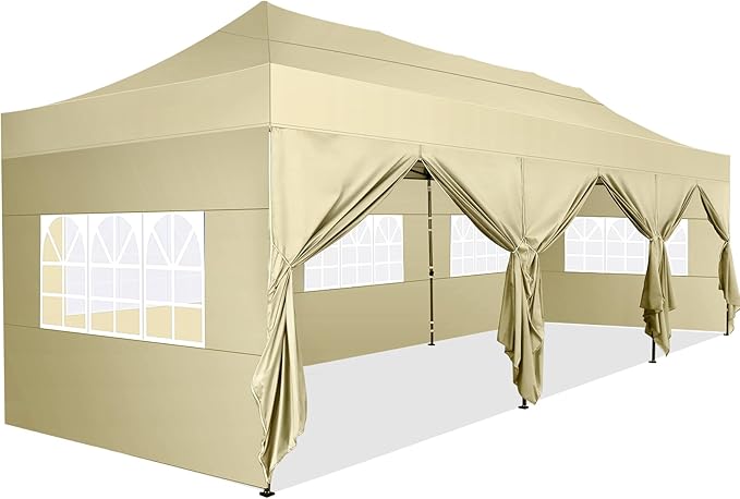 COBIZI 10x30 Pop Up Canopy with 8 Sidewall,Heavy Duty UPF 50+ All Season Wind Waterproof Commercial Outdoor Wedding Party Tents for Parties Canopy Gazebo with Roller Bag(10 x 30 ft Khaki)