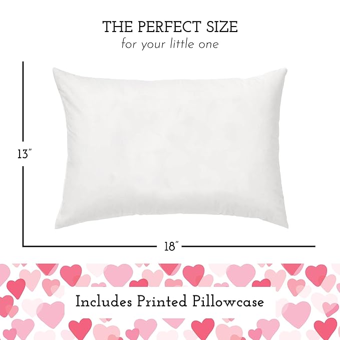 Little Sleepy Head Toddler Pillow with Pillowcase 13x18 - Kids Pillow for Sleeping - Better Neck Support Ergonomic Pillow and Toddler Pillowcase - Best Pillows for Kids (Hearts Pink)