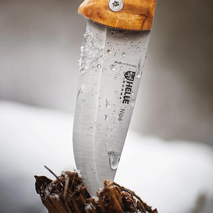 HELLE Knives - Nipa - Mid-Size Folding Knife - 2.72" Stainless Steel Blade with Hand-Sanded Curly Birch Handle - EDC Pocket Knife with Clip - Made in Norway