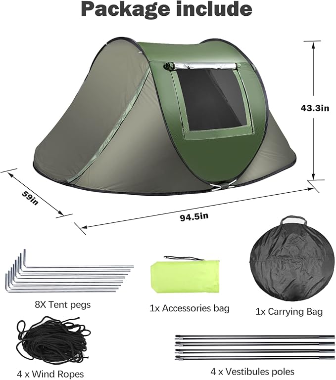 Instant Pop Up Tent, Automatic Easy Setup Outdoor Waterproof Windproof Family Tent, Upgraded 2 Doors Vestibule Sun Shelter for 2-3 People Outdoor Camping,Travelling,Hiking, Beach,Green