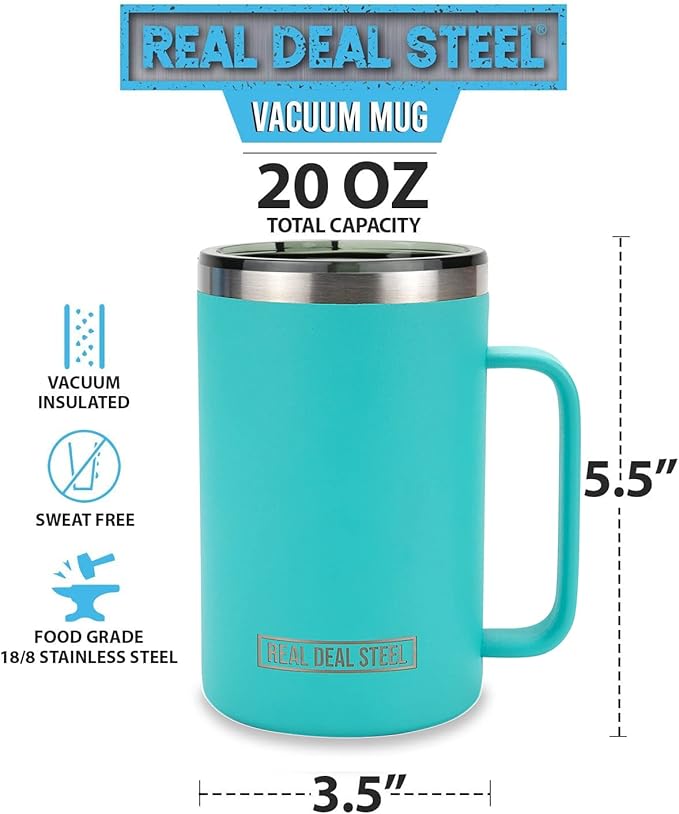 Insulated Mug with Handle and Lid - Stainless Steel Vacuum Coffee Cup, Set of 2, 20 oz - Large Double Wall Coffee or Tea Cup, Thermal Camping Mug Keeps Drinks Hot, That Keeps Beer Cold