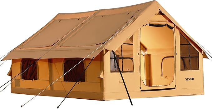 VEVOR Inflatable Tents for Camping, Easy Setup Blow up Tent with Hand Pump, 4 Season Glamping Tent with Stove Jack, Doors & Mesh Windows, Storage Bag Included for Easy Taking