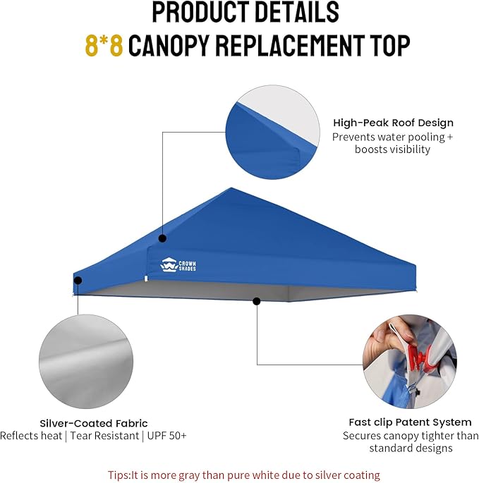CROWN SHADES 8x8 Canopy Replacement Top - Only Compatible with Crown Shades RS64F Series, Silver Coated with Air Vent, Blue (Top Only)