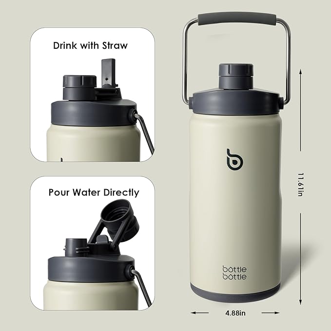 BOTTLE BOTTLE Insulated Water Bottle 64 oz with Straw and Dual-use Lid Half Gallon Water Jug Vacuum Stainless Steel for Workout Sports Insulated Beer Growler with Handle and Pills Holder Gray