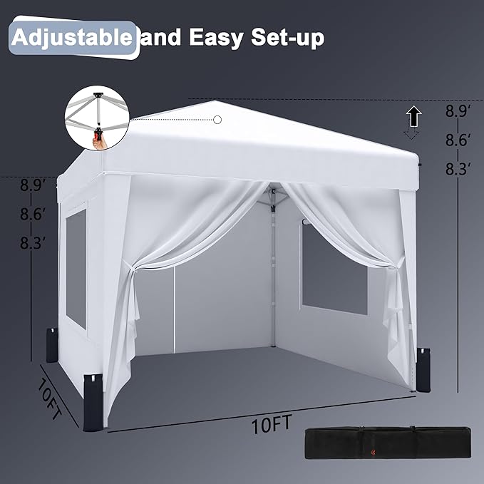 SANWAY 10x10 Pop Up Canopy Tent with Sidewalls x 4 – Easy Setup Canopy Tent, Waterproof, UV-Resistant, Portable with Carry Bag for Outdoor Events, Camping, and Backyard Parties – Silver White