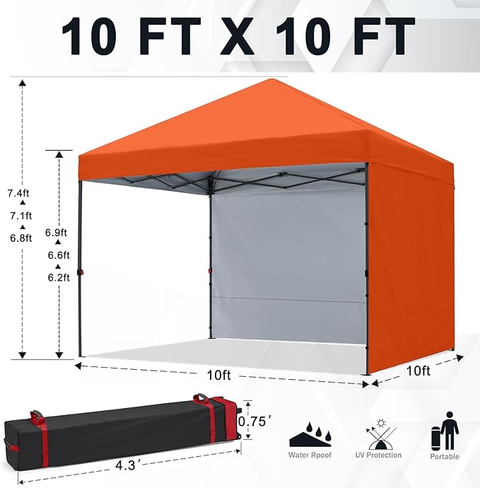 COOSHADE Pop Up Canopy Tent 10x10 with 2 Sidewalls, Outdoor Shade Instant Canopy Tents, Orange