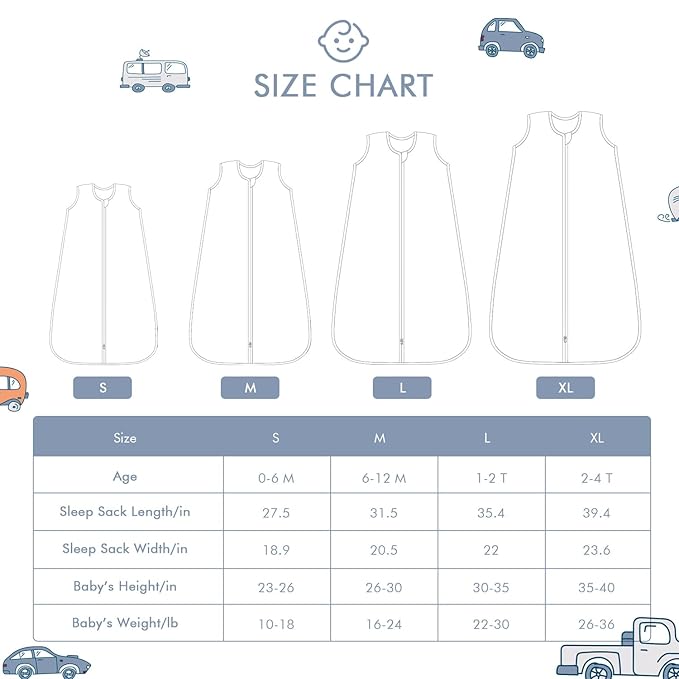 Baby Sleep Sack 12-24 M Baby Wearable Blanket 100% Organic Cotton 0.5 TOG Toddler Sleep Sack 2-Way Zipper Soft Large 4 Layers 1-2 T Car