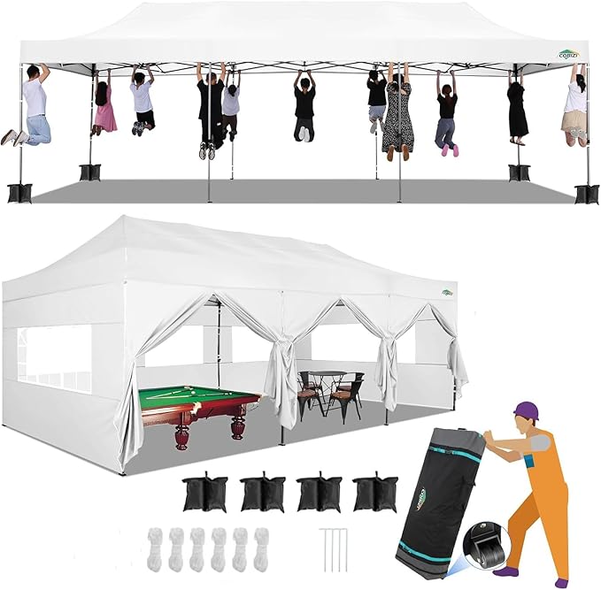 COBIZI 10x30 Pop up Canopy Tent with Sidewalls, Heavy Duty Party Tent Tents for Parties, Foldable UPF 50+ Waterproof Commercial Easy up Canopy with Roller Bag, White(Windproof Upgraded)