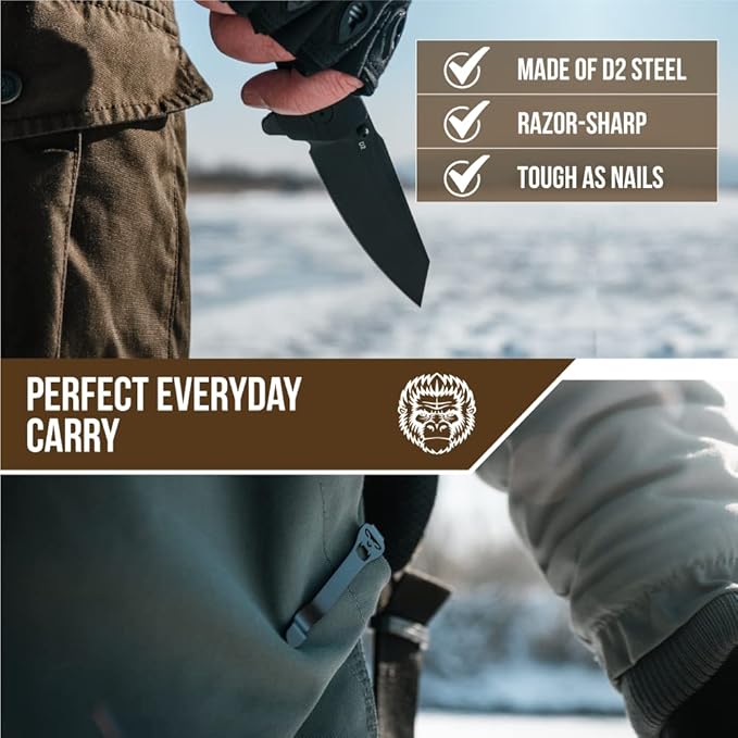 Holtzman's Gorilla Survival - The Clip Point Folding Pocket Knife (Black+Orange) - D2 Steel Blade - Tactical EDC Knife with G10 Handle & Pocket Clip