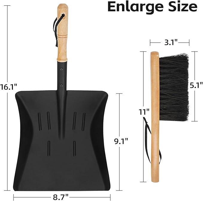 Fireplace Ash Shovel and Brush Set, Coal Shovel and Hearth Brush Set, Fireplace Tools Set Indoor Outdoor Rust Resistant Made of Natural Wood & Coco Bristles for Easy Cleaning