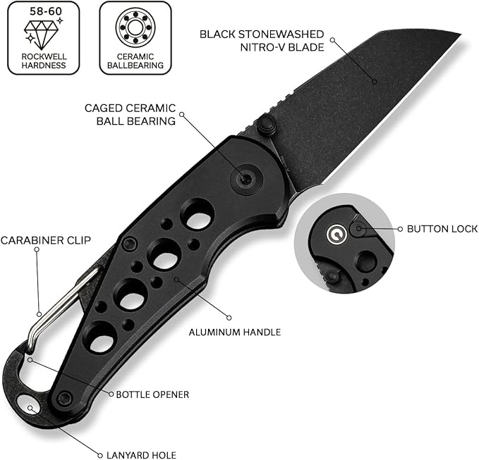 CIVIVI Pragma Folding Knife, Pocket Knife Multitool with EDC Carabiner, Bottle Opener, 2.2" Nitro-V Blade Aluminum Handle, Ideal Gift for Men Women C23062B-1 (Black)