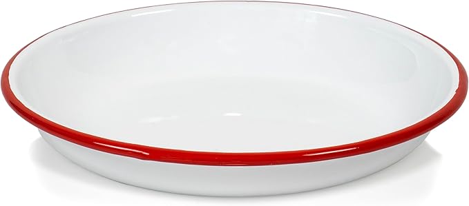 Red Co. Set of 4 Enamelware Metal 10” Round Camping Plates, Solid White/Red Rim