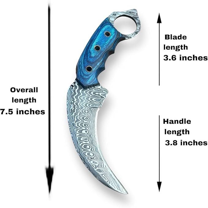 Handmade Damascus Steel Hunting Knife with Sheath | 7.5'’ EDC Fixed Blade Knives For Men and Women Demasticus Camping Survival Belt Knifes For Horizontal Carry with Blue Wood