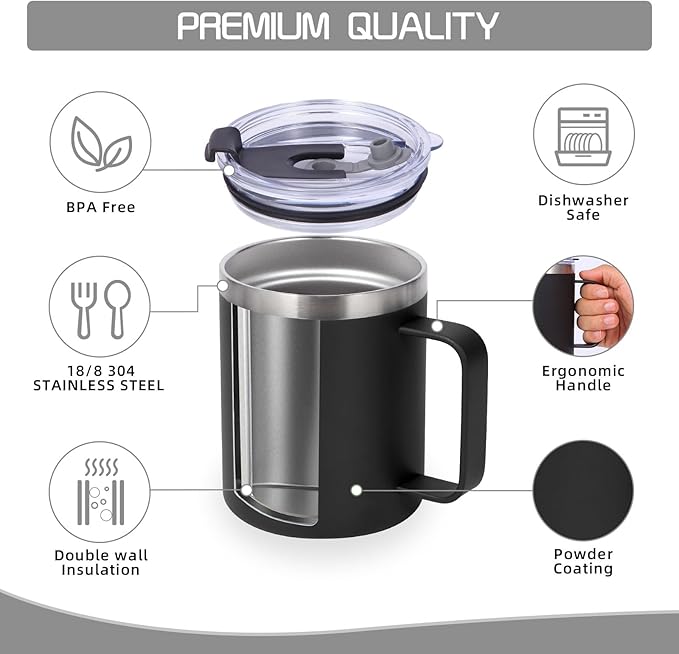 Volhoply 12oz Insulated Leakproof Coffee Mug with Flip & Straw Lid Bulk 4 Pack,Double Wall Vacuum Stainless Steel Travel Tumbler Cup with Handle,Camping Mugs Keep Cold/Hot(Black,4 Set)