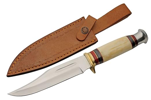 SZCO Full Tang Hunting Knife 11.5 Inch - Pocket Knife with Stainless Steel Blade, Bone Handle & Leather Sheath - Camping Knife for hunting - Skinning knife for Men