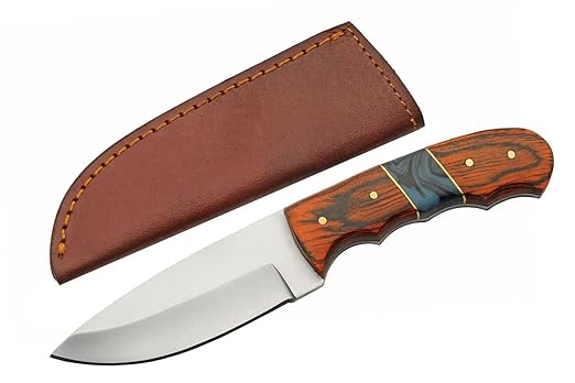 SZCO Full Tang Hunting Knife 8 Inch - Pocket Knife with Stainless Steel Blade, Burnt Orange Resin/Wood Handle & Leather Sheath - Camping Knife for Hunting and Hiking for Men