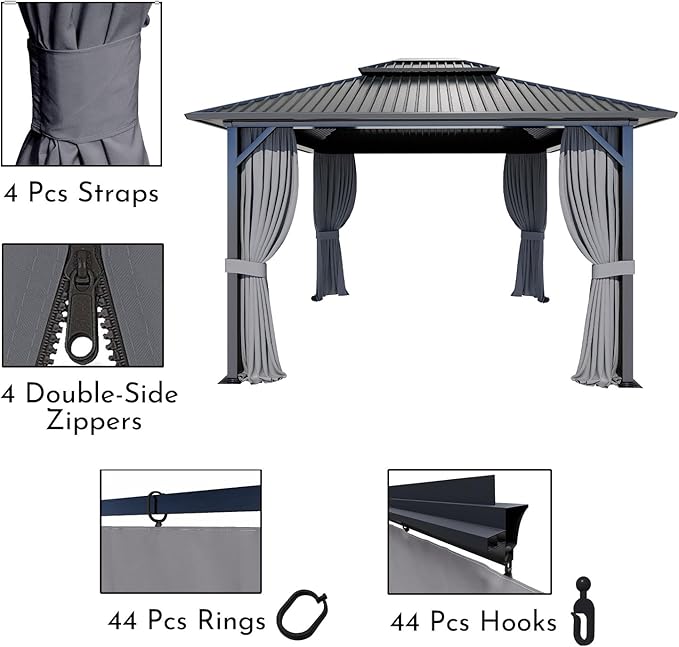 COWVIE 4-Panel 10' x 13' Gazebo Replacement Curtains, Patio Privacy Sidewalls with Double Zipper, Replacement for Outdoor Gazebo Canopy (Curtain Only)