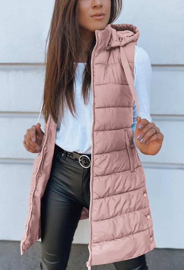 Veatzaer Women Long Vest Solid Color Sleeveless Hood Winter Puffer Vest Outwear