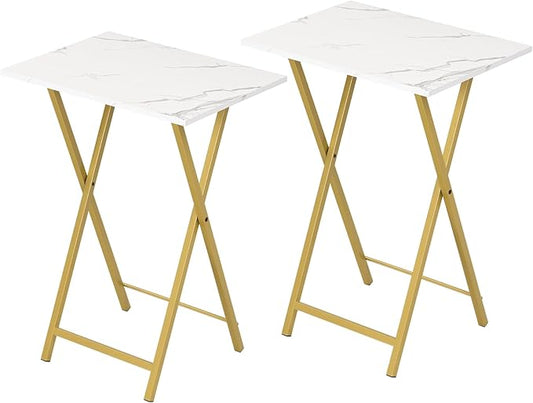 HOOBRO Folding TV Tray Tables, Set of 2 Stable Snack Table for Small Space, Portable Sofa Side Table, Easy Assembly and Storage, Ideal for Snacks and Meals in Living Room, Marble and Gold DM25BZ01