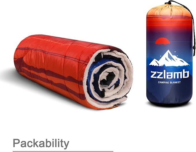zzlamb Sherpa Puffy Camping Blanket,Packable Outdoor Warm Wearable Fleece Blankets for Cold Weather,Thick Camp Quilt with Sherpa Lining for Sleeping,Traveling,Backpacking,Picnics,Beach,Stadium 52x75in