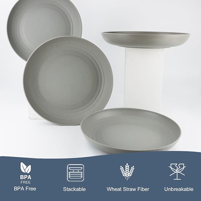 Homienly Deep Dinnerware Set of 12 - Alternative to Plastic, Microwave & Dishwasher Safe Wheat Straw Plates for Kitchen - Unbreakable Kids Plates (Grey, 10 inch)