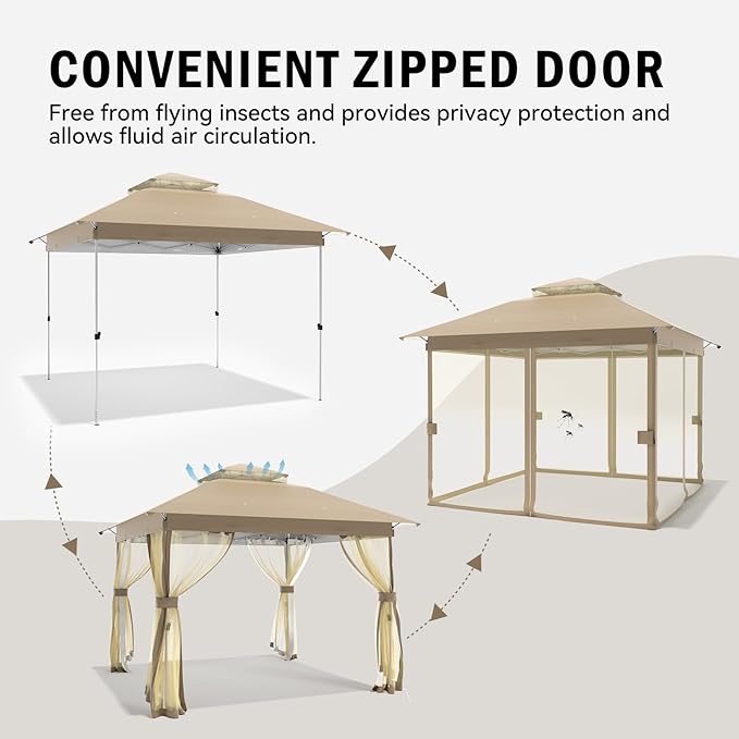 Outdoor Pop Up Gazebo 10x10 - Instant Canopy Tent with Mosquito Nettings, Double Roof Vented Gazebo Tents Shelter for Backyard Shade Party Garden Lawns (Beige, 10x10)