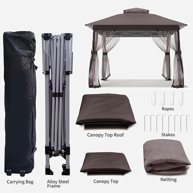 Auraway Instant Pop-Up Gazebo with Mosquito Net and Waterproof Double Roof - for Camping, Beach, Backyard; Easy Setup; Sun Shade with UV Protection (Chocolate) (13X13) (Chocolate, 13 * 13)