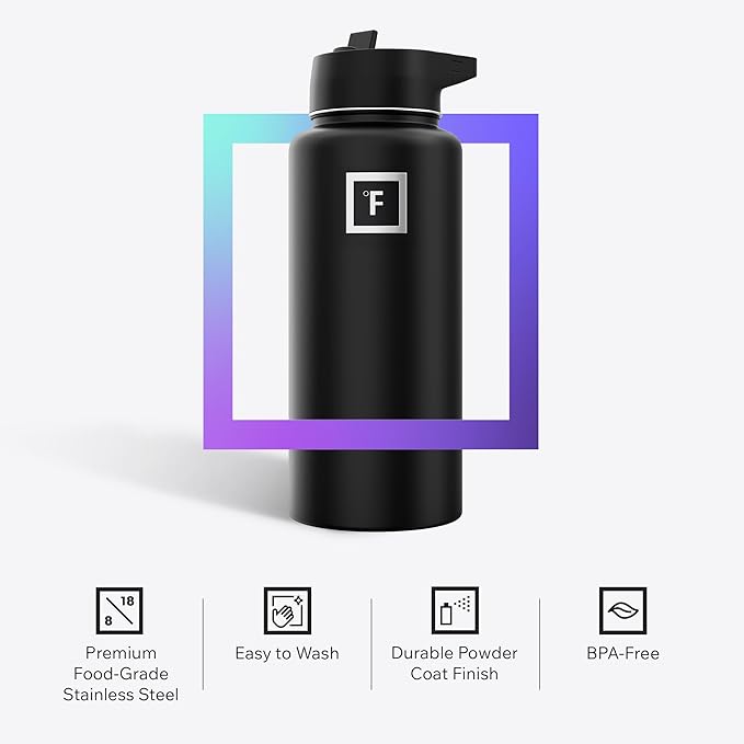 IRON °FLASK Camping & Hiking Hydration Flask with 3 Lids - Stainless Steel, Double Walled & Vacuum Insulated Water Bottle - Leak Proof & BPA Free (Sage, Straw - 22 oz)