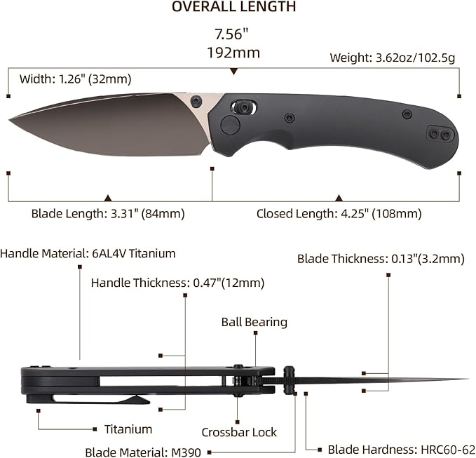 Folding Pocket Knife,3.31” M390 Blade,Erogonomic Titanium Handle,Hunting Survival Knife,EDC Knife for Hunting Camping Survival Outdoor Fishing Hiking(Black)