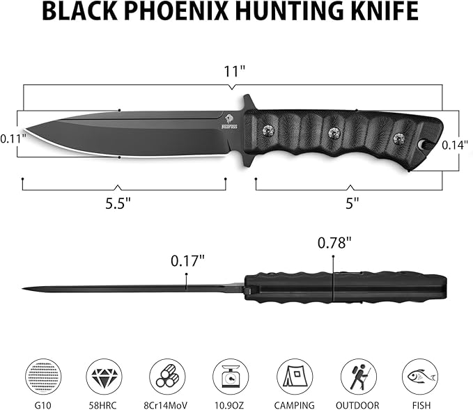 NedFoss BLACK PHOENIX Hunting Knife with Holster, 5.5" 8Cr14Mov Survival Fixed Blade Knife, G10 Handle, Bushcraft & Camping Gifts for Men