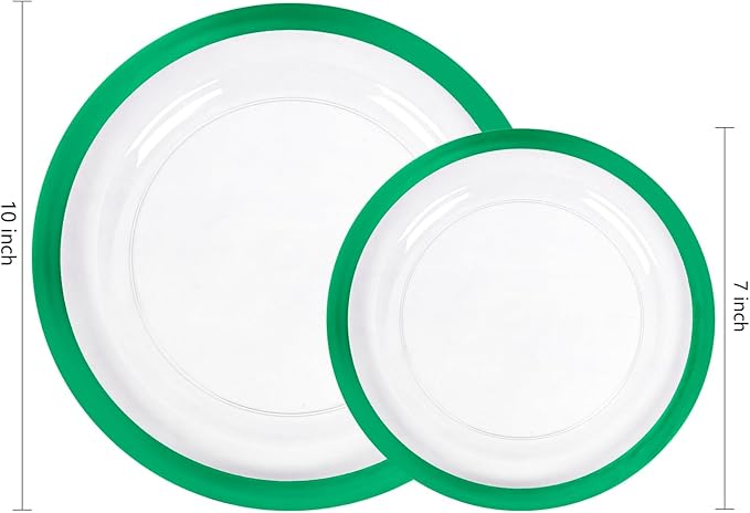U-QE 200PCS Clear Green Plastic Plates - Green Plates Disposable Heavy Duty- Include 100 10” Dinner and 100 7” Dessert Platos, Perfect for Party, Wedding