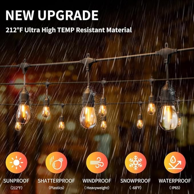 100FT LED Outdoor String Lights with 60+4 Waterproof Bulbs(๐.๐๐
๐ ๐๐ฎ๐ฅ๐๐ฅ๐ฌ ๐๐ฉ๐๐๐ข๐ง๐ ), Remote & Dimmer, Commercial Grade Patio Lights with 3 Mode Light & Timing, 100PC Ties