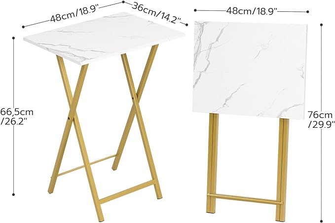 HOOBRO Folding TV Tray Table, Stable Snack Table for Small Space, Portable Sofa Side Desk, Easy Assembly and Storage, Ideal for Snacks and Meals in Living Room, Marble and Gold DM15BZ01