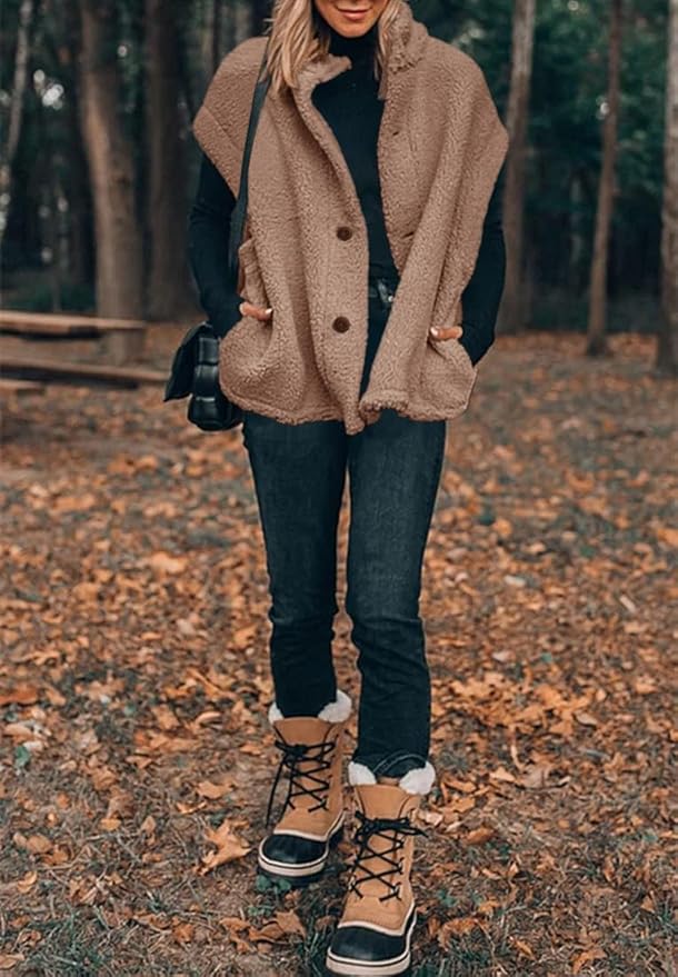 Hongqizo Womens Fuzzy Fleece Vest Casual Oversized Warm Button Down Sherpa Vest Jacket with Pockets