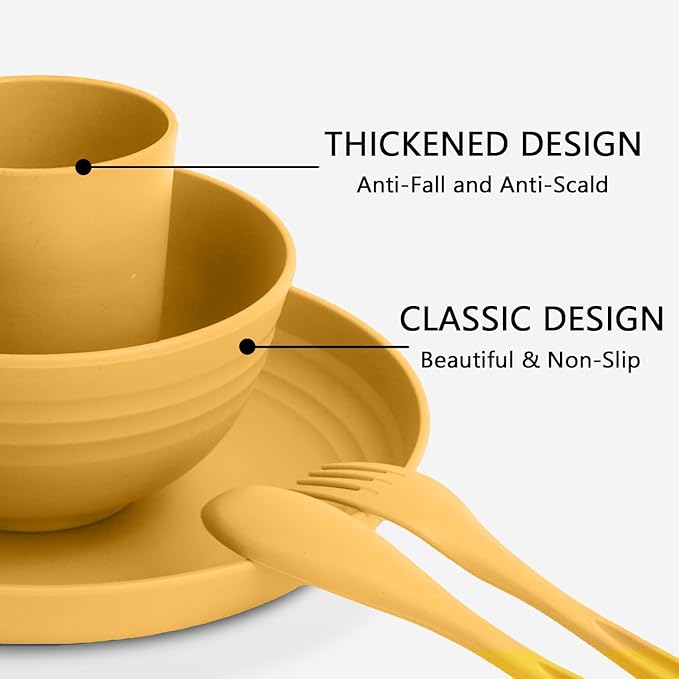 Wheat Straw Plates and Bowls Sets 20 Piece, Unbreakable Kids Dinnerware Sets for 4, Microwavable Plates, Bowls, Cups Set, Reusable Plastic Dishes Set for Camping, Kitchen, College (Yellow)