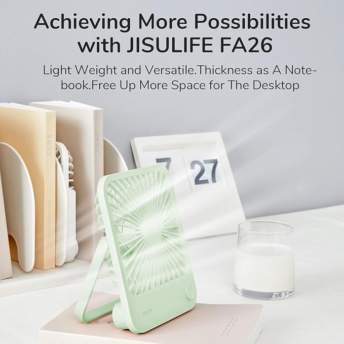 JISULIFE Desk Fan Battery Rechargeable, 4500mAh 180°Foldable Portable Personal Fan, 4 Speeds Adjustable Long Battery-life for Home Office Travel Outdoor Gifts for Women Men-Green