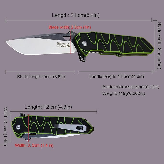 8.4in Folding Knife AUS-8 Steel Blade, G10 Handle with Anti-Slip Texture, Ball Bearing Pivot, Stonewashed Finish, EDC Pocket Knife for Camping, Hiking, Survival (AUS-8 (G10 black/green))