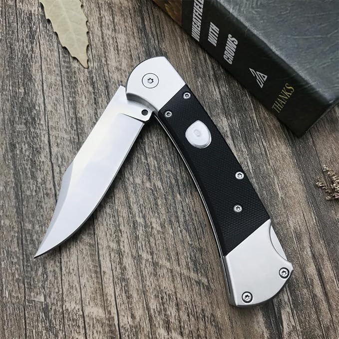 push button assisted opening Folding Knife,440C Stainless Steel Blade, Backlock G10 Handle with Leather Sheath, EDC Pocket Knives for Men (Black)