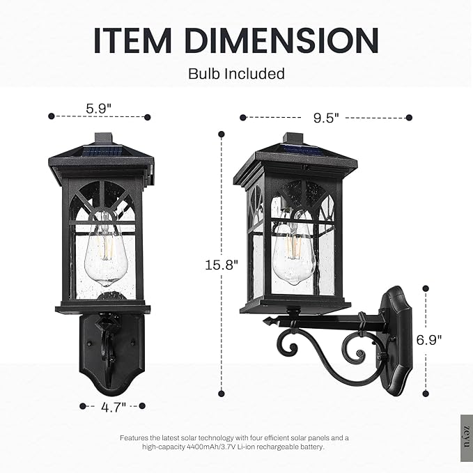 zeyu 15.8 Inch Solar Exterior Lighting Fixture, Exterior Wall Light Fixture with Remote, Die-Cast Aluminum with Seeded Glass Shade, Black Finish, ZYX112B SL BK