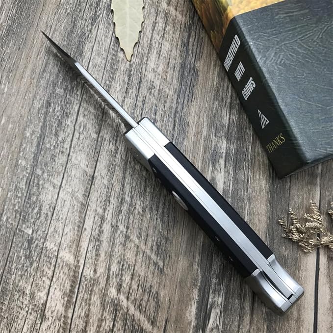 push button assisted opening Folding Knife,440C Stainless Steel Blade, Backlock G10 Handle with Leather Sheath, EDC Pocket Knives for Men (Black)