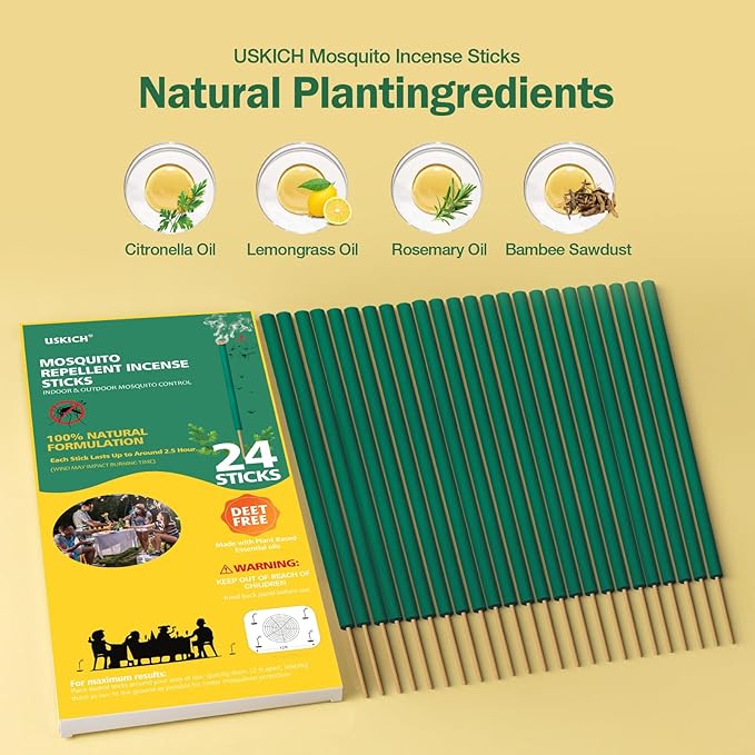 24 Naturals Mosquito Repellent Incense Sticks|Citronella Oil DEET Free Organic Mosquito Barrier Repeller for Backyard Patio Travel Camping Indoors Outdoor Gnat Mosquito Control | 2.5 Hour Protection