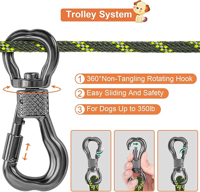 XiaZ Dog Tie Out Cable for Camping, 100ft Portable Overhead Trolley System for Dogs up to 200lbs,Dog Lead for Yard, Camping, Parks, Outdoor Events,5 min Set-up