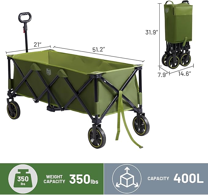 Timber Ridge 51.2'' Extended Collapsible Wagon Cart with Brakes and Cargo Net, Heavy Duty Foldable Utility Wagon with Adjustable Handle, 400L Capacity Portable Cart for Camping Sports Shopping