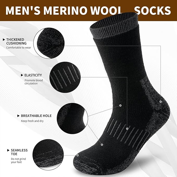 Time May Tell Mens Merino Wool Hiking Cushioning Socks For Outdoor Wool-Socks-For-Mens 3 Pack
