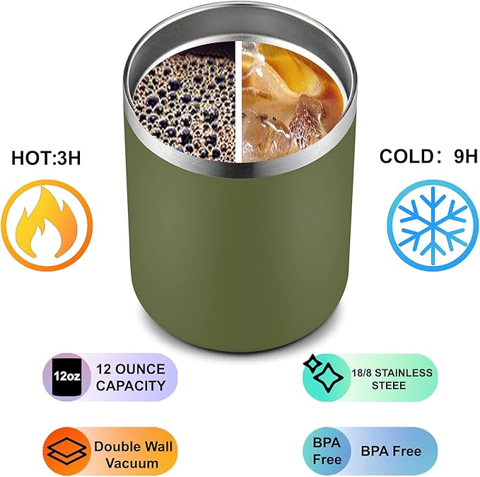 MEWAY 12 oz Lowball, Tumbler Stainless Steel Double Wall Vacuum Insulated Mug with Straw and Lid, Cleaning Brush ,Durable Powder Coated Insulated Coffee Cup for Cold & Hot Drinks (Army Green,1 Pack)